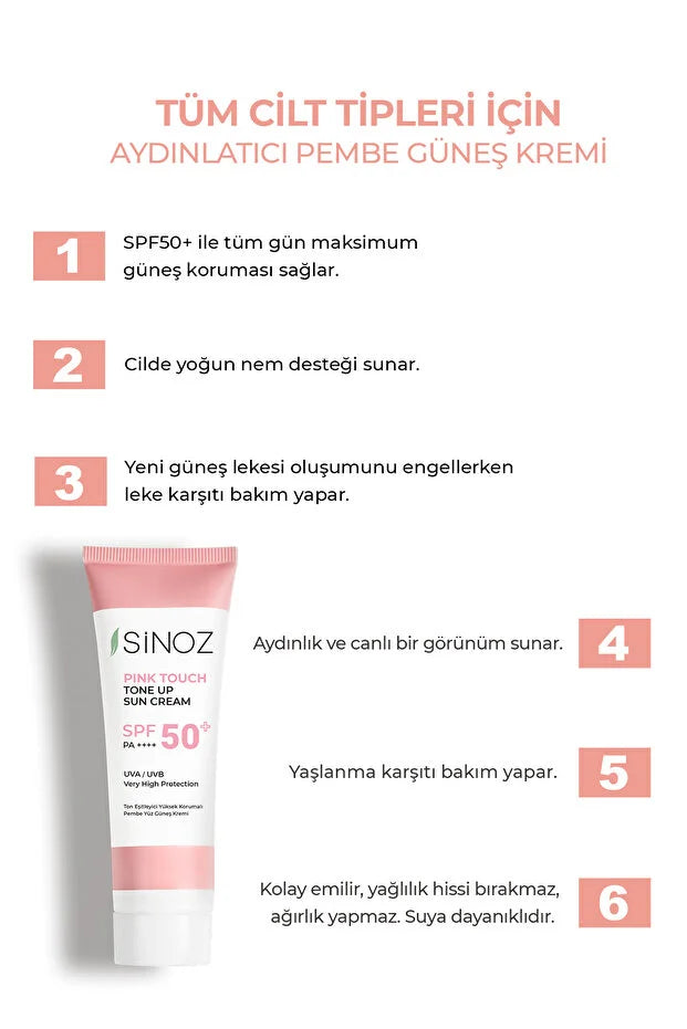 Sinoz Pink Touch SPF50+ Aydınlatıcı Pembe Yüz Güneş Kremi PA++++ Tüm Ciltler için 50ml