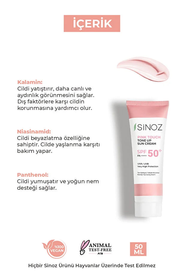 Sinoz Pink Touch SPF50+ Aydınlatıcı Pembe Yüz Güneş Kremi PA++++ Tüm Ciltler için 50ml