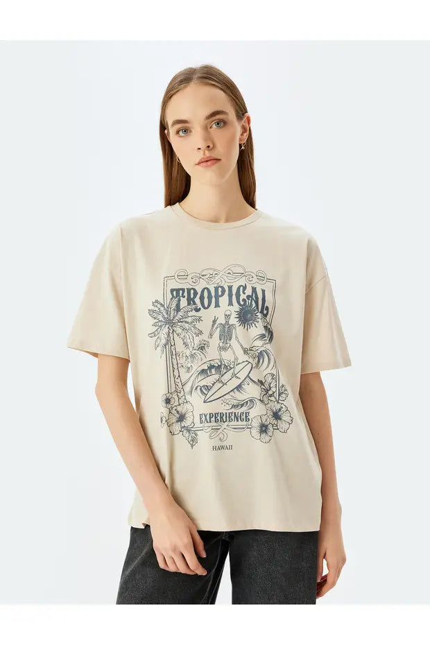 Koton Slogan Baskılı Kısa Kollu Bisiklet Yaka Oversize Tişört